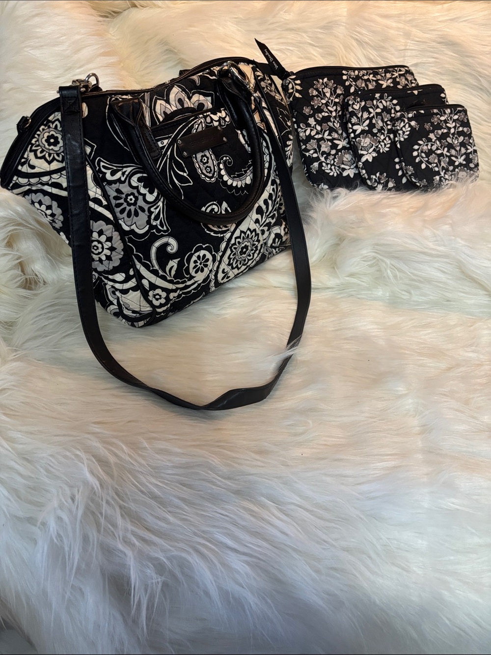 Vera Bradley Black & White Floral Quilted Shoulder Bag with Matching Pouches